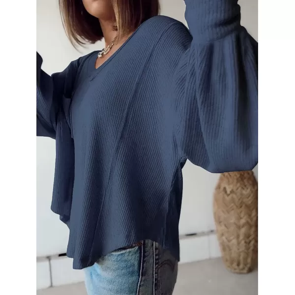 BTFBM Womens Casual V Neck Ribbed Knit Shirts 2024 Fall Pullover Tunic Tops Loose Balloon Long Sleeve Blouses TopSolid Blue