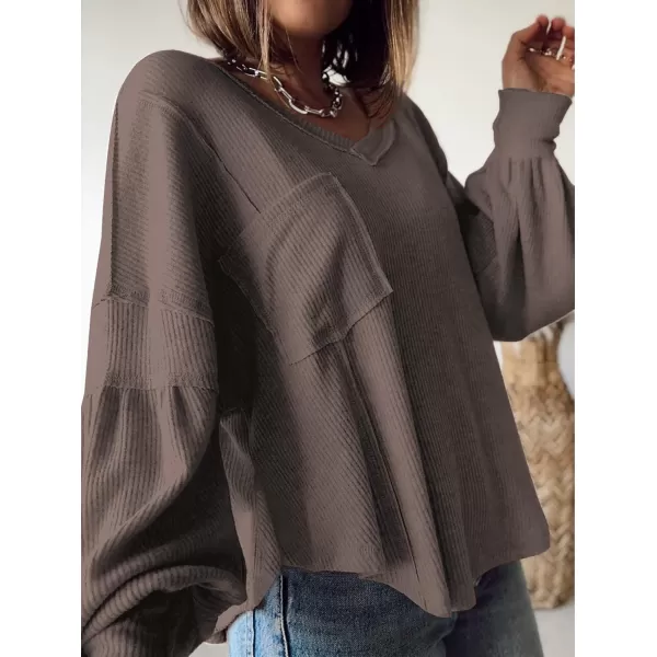 BTFBM Womens Casual V Neck Ribbed Knit Shirts 2024 Fall Pullover Tunic Tops Loose Balloon Long Sleeve Blouses TopSolid Brown