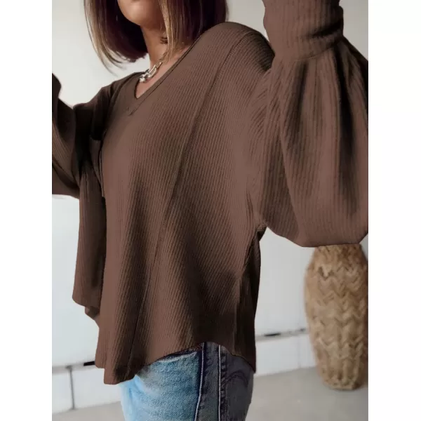 BTFBM Womens Casual V Neck Ribbed Knit Shirts 2024 Fall Pullover Tunic Tops Loose Balloon Long Sleeve Blouses TopSolid Caramel