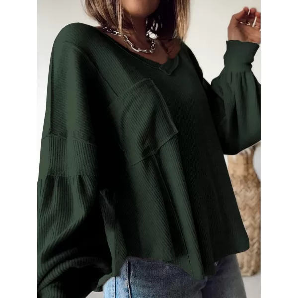 BTFBM Womens Casual V Neck Ribbed Knit Shirts 2024 Fall Pullover Tunic Tops Loose Balloon Long Sleeve Blouses TopSolid Dark Army Green