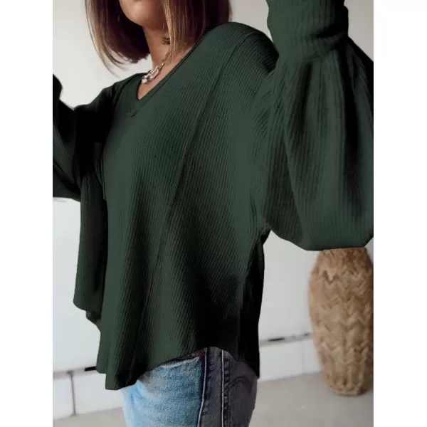 BTFBM Womens Casual V Neck Ribbed Knit Shirts 2024 Fall Pullover Tunic Tops Loose Balloon Long Sleeve Blouses TopSolid Dark Army Green