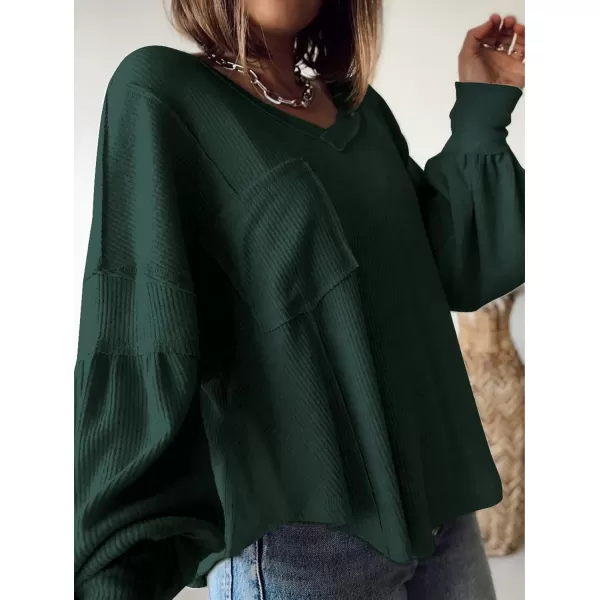 BTFBM Womens Casual V Neck Ribbed Knit Shirts 2024 Fall Pullover Tunic Tops Loose Balloon Long Sleeve Blouses TopSolid Dark Green