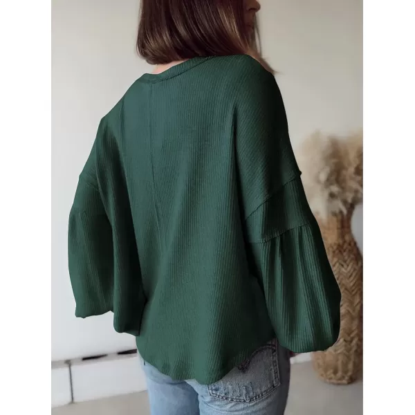 BTFBM Womens Casual V Neck Ribbed Knit Shirts 2024 Fall Pullover Tunic Tops Loose Balloon Long Sleeve Blouses TopSolid Dark Green