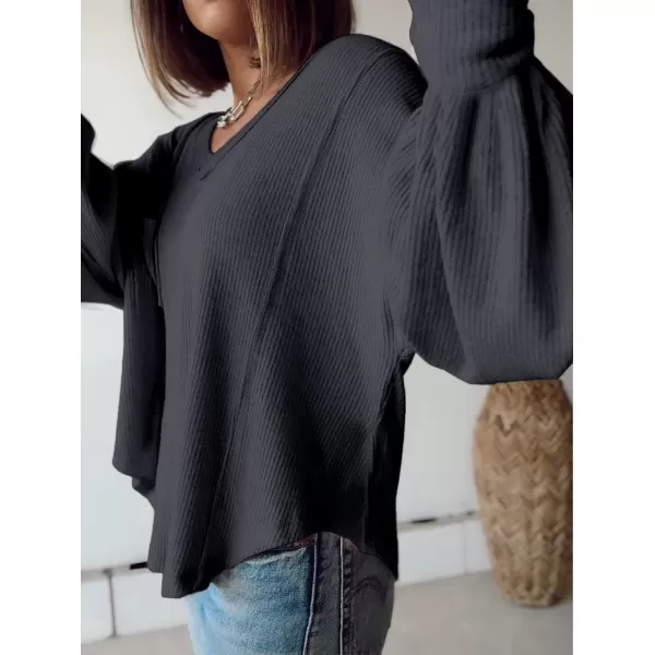 BTFBM Womens Casual V Neck Ribbed Knit Shirts 2024 Fall Pullover Tunic Tops Loose Balloon Long Sleeve Blouses TopSolid Dark Grey
