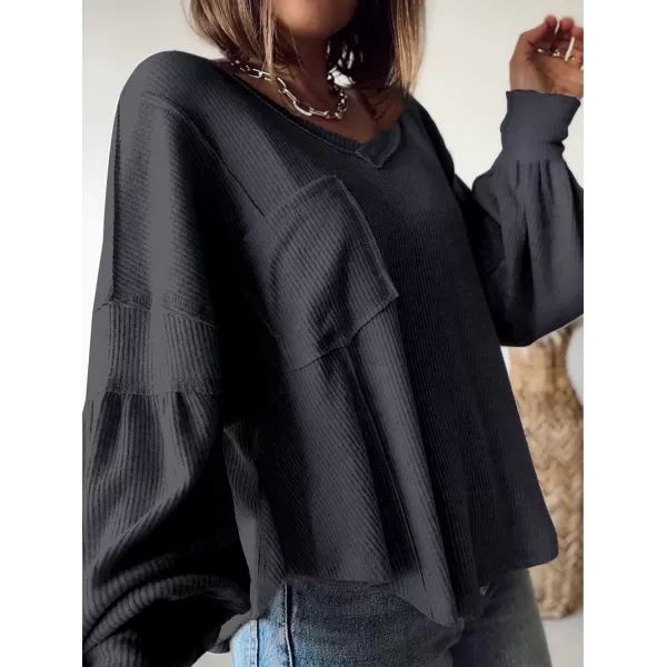 BTFBM Womens Casual V Neck Ribbed Knit Shirts 2024 Fall Pullover Tunic Tops Loose Balloon Long Sleeve Blouses TopSolid Dark Grey