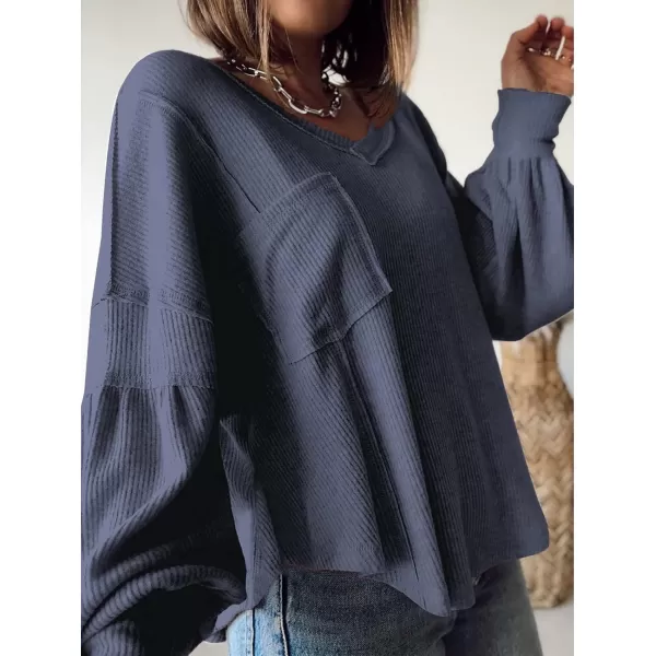 BTFBM Womens Casual V Neck Ribbed Knit Shirts 2024 Fall Pullover Tunic Tops Loose Balloon Long Sleeve Blouses TopSolid Dark Grey Blue