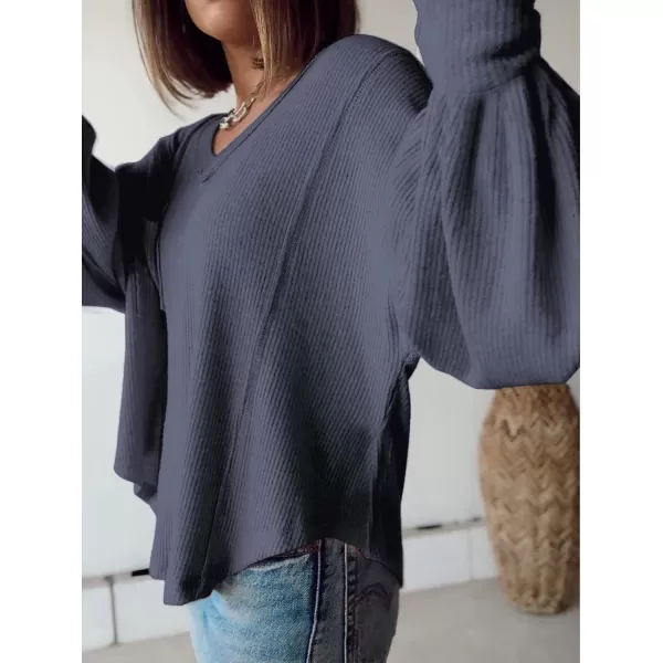BTFBM Womens Casual V Neck Ribbed Knit Shirts 2024 Fall Pullover Tunic Tops Loose Balloon Long Sleeve Blouses TopSolid Dark Grey Blue