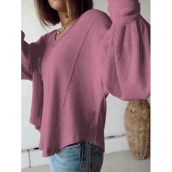 BTFBM Womens Casual V Neck Ribbed Knit Shirts 2024 Fall Pullover Tunic Tops Loose Balloon Long Sleeve Blouses TopSolid Dusty Pink