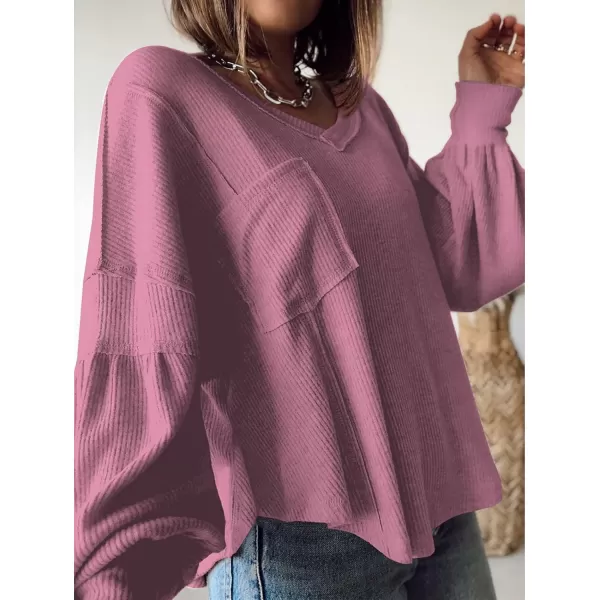 BTFBM Womens Casual V Neck Ribbed Knit Shirts 2024 Fall Pullover Tunic Tops Loose Balloon Long Sleeve Blouses TopSolid Dusty Pink
