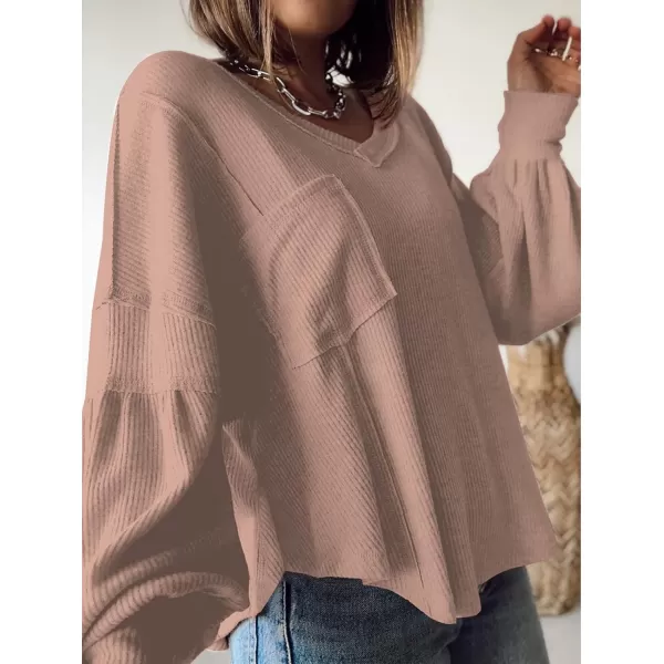 BTFBM Womens Casual V Neck Ribbed Knit Shirts 2024 Fall Pullover Tunic Tops Loose Balloon Long Sleeve Blouses TopSolid Khaki