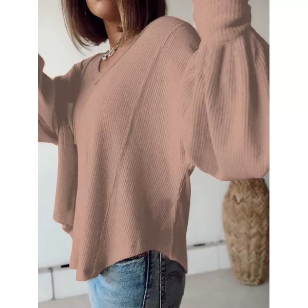 BTFBM Womens Casual V Neck Ribbed Knit Shirts 2024 Fall Pullover Tunic Tops Loose Balloon Long Sleeve Blouses TopSolid Khaki