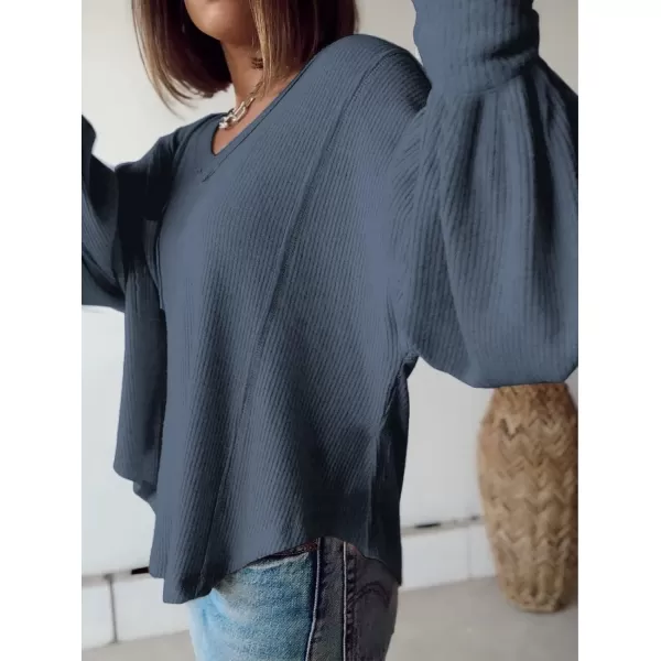 BTFBM Womens Casual V Neck Ribbed Knit Shirts 2024 Fall Pullover Tunic Tops Loose Balloon Long Sleeve Blouses TopSolid Light Grey Blue