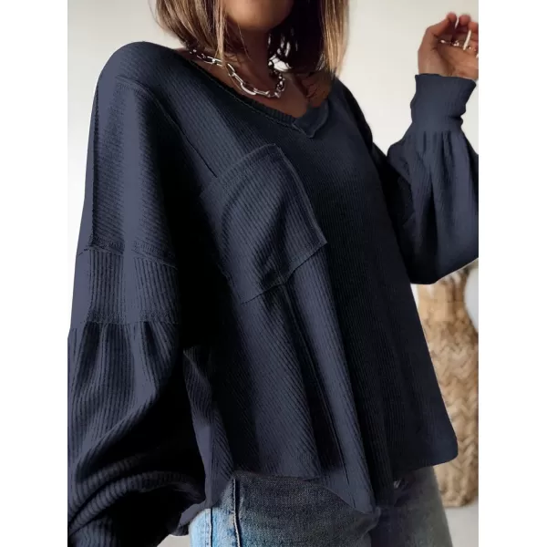 BTFBM Womens Casual V Neck Ribbed Knit Shirts 2024 Fall Pullover Tunic Tops Loose Balloon Long Sleeve Blouses TopSolid Navy