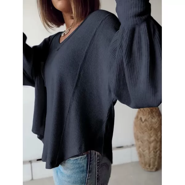 BTFBM Womens Casual V Neck Ribbed Knit Shirts 2024 Fall Pullover Tunic Tops Loose Balloon Long Sleeve Blouses TopSolid Navy