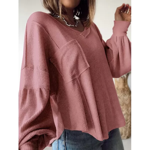 BTFBM Womens Casual V Neck Ribbed Knit Shirts 2024 Fall Pullover Tunic Tops Loose Balloon Long Sleeve Blouses TopSolid Pink