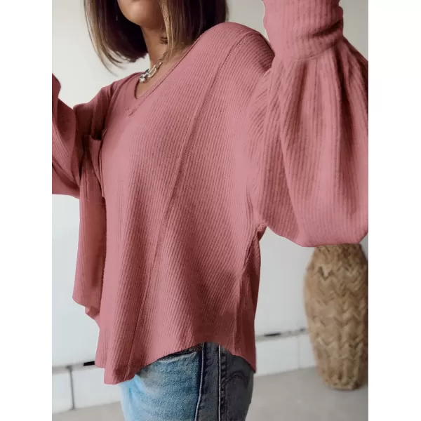BTFBM Womens Casual V Neck Ribbed Knit Shirts 2024 Fall Pullover Tunic Tops Loose Balloon Long Sleeve Blouses TopSolid Pink
