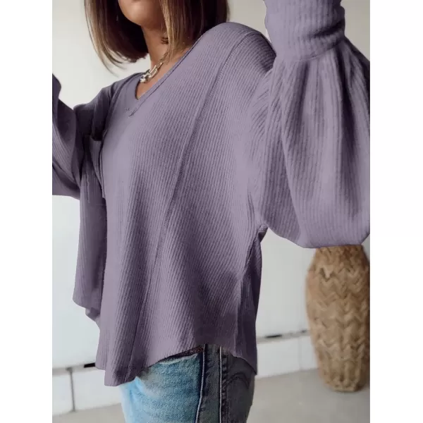 BTFBM Womens Casual V Neck Ribbed Knit Shirts 2024 Fall Pullover Tunic Tops Loose Balloon Long Sleeve Blouses TopSolid Taro Purple