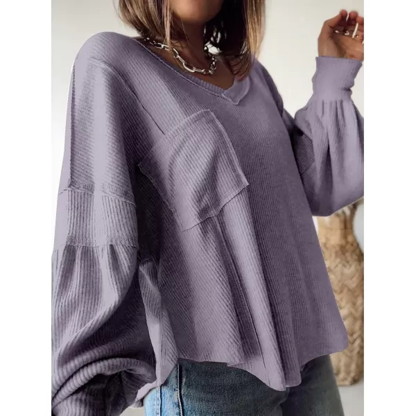 BTFBM Womens Casual V Neck Ribbed Knit Shirts 2024 Fall Pullover Tunic Tops Loose Balloon Long Sleeve Blouses TopSolid Taro Purple