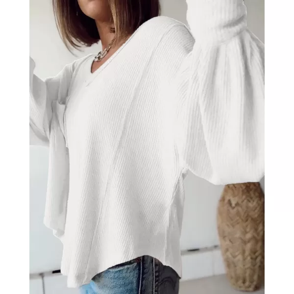 BTFBM Womens Casual V Neck Ribbed Knit Shirts 2024 Fall Pullover Tunic Tops Loose Balloon Long Sleeve Blouses TopSolid White