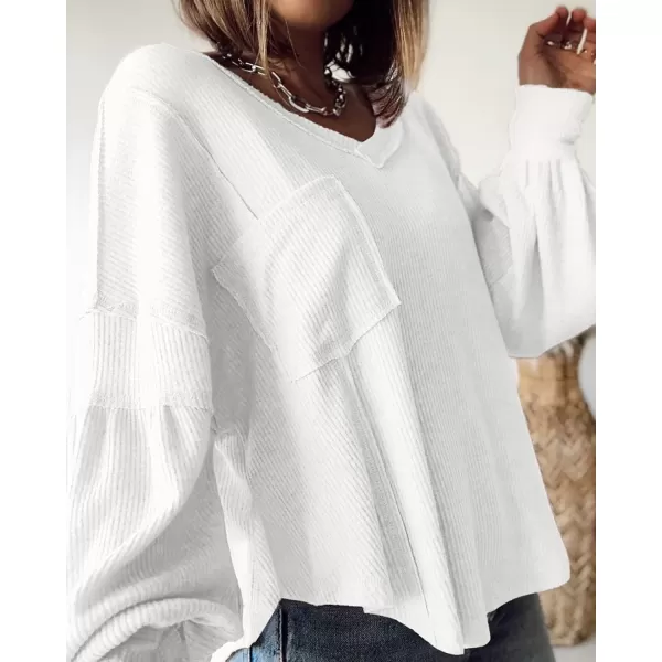BTFBM Womens Casual V Neck Ribbed Knit Shirts 2024 Fall Pullover Tunic Tops Loose Balloon Long Sleeve Blouses TopSolid White