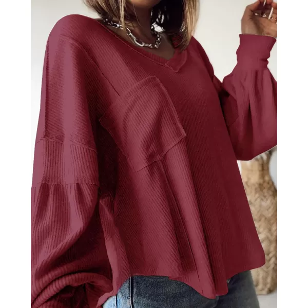 BTFBM Womens Casual V Neck Ribbed Knit Shirts 2024 Fall Pullover Tunic Tops Loose Balloon Long Sleeve Blouses TopSolid Wine Red