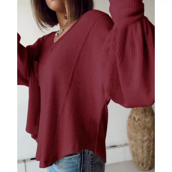 BTFBM Womens Casual V Neck Ribbed Knit Shirts 2024 Fall Pullover Tunic Tops Loose Balloon Long Sleeve Blouses TopSolid Wine Red