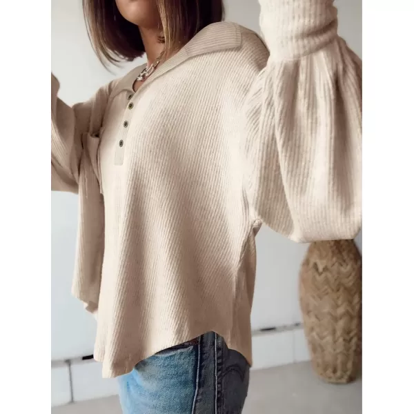 BTFBM Womens Casual V Neck Ribbed Knit Shirts 2024 Fall Pullover Tunic Tops Loose Balloon Long Sleeve Blouses TopTurndown Apricot