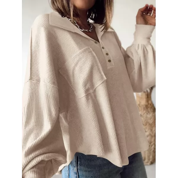 BTFBM Womens Casual V Neck Ribbed Knit Shirts 2024 Fall Pullover Tunic Tops Loose Balloon Long Sleeve Blouses TopTurndown Apricot