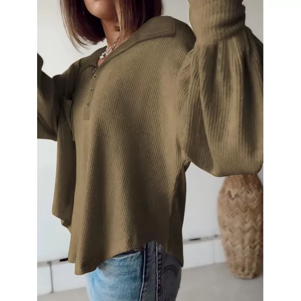 BTFBM Womens Casual V Neck Ribbed Knit Shirts 2024 Fall Pullover Tunic Tops Loose Balloon Long Sleeve Blouses TopTurndown Army Green