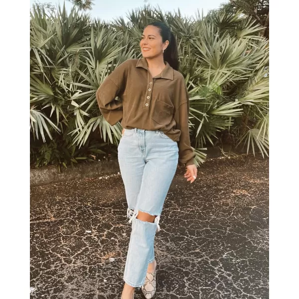 BTFBM Womens Casual V Neck Ribbed Knit Shirts 2024 Fall Pullover Tunic Tops Loose Balloon Long Sleeve Blouses TopTurndown Army Green