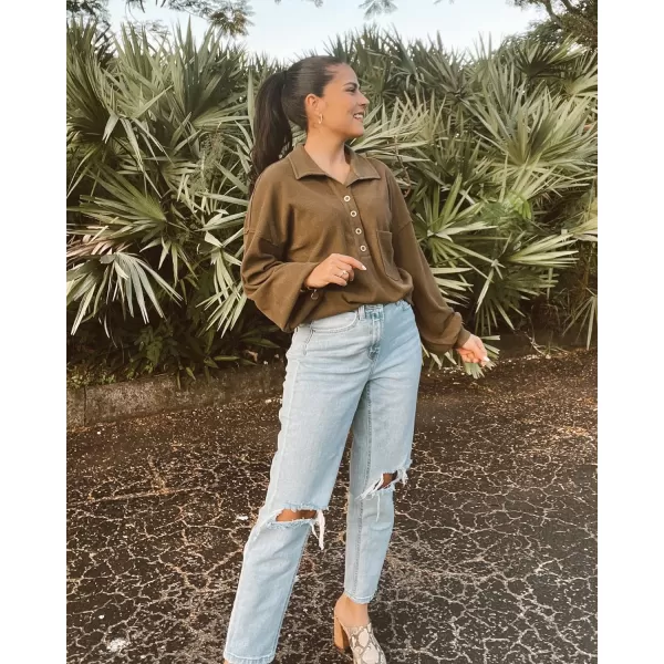 BTFBM Womens Casual V Neck Ribbed Knit Shirts 2024 Fall Pullover Tunic Tops Loose Balloon Long Sleeve Blouses TopTurndown Army Green