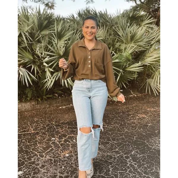 BTFBM Womens Casual V Neck Ribbed Knit Shirts 2024 Fall Pullover Tunic Tops Loose Balloon Long Sleeve Blouses TopTurndown Army Green