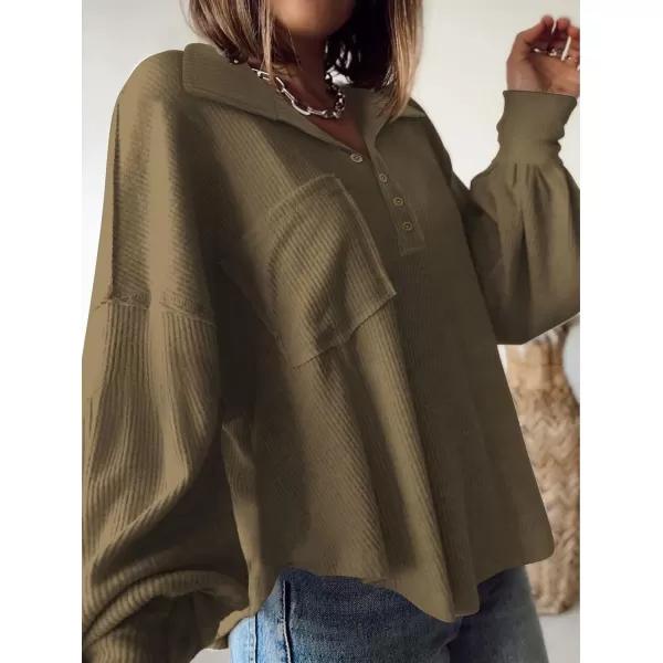 BTFBM Womens Casual V Neck Ribbed Knit Shirts 2024 Fall Pullover Tunic Tops Loose Balloon Long Sleeve Blouses TopTurndown Army Green