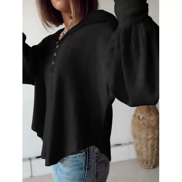 BTFBM Womens Casual V Neck Ribbed Knit Shirts 2024 Fall Pullover Tunic Tops Loose Balloon Long Sleeve Blouses TopTurndown Black