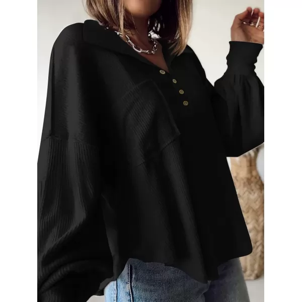 BTFBM Womens Casual V Neck Ribbed Knit Shirts 2024 Fall Pullover Tunic Tops Loose Balloon Long Sleeve Blouses TopTurndown Black