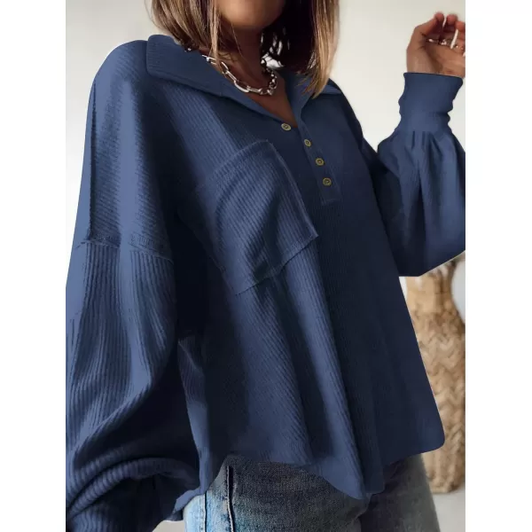 BTFBM Womens Casual V Neck Ribbed Knit Shirts 2024 Fall Pullover Tunic Tops Loose Balloon Long Sleeve Blouses TopTurndown Blue