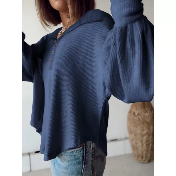 BTFBM Womens Casual V Neck Ribbed Knit Shirts 2024 Fall Pullover Tunic Tops Loose Balloon Long Sleeve Blouses TopTurndown Blue