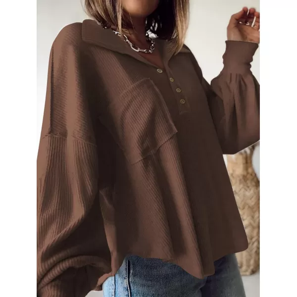 BTFBM Womens Casual V Neck Ribbed Knit Shirts 2024 Fall Pullover Tunic Tops Loose Balloon Long Sleeve Blouses TopTurndown Caramel