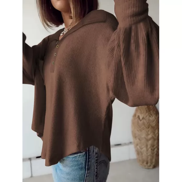 BTFBM Womens Casual V Neck Ribbed Knit Shirts 2024 Fall Pullover Tunic Tops Loose Balloon Long Sleeve Blouses TopTurndown Caramel
