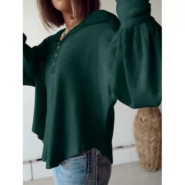 BTFBM Womens Casual V Neck Ribbed Knit Shirts 2024 Fall Pullover Tunic Tops Loose Balloon Long Sleeve Blouses TopTurndown Dark Green
