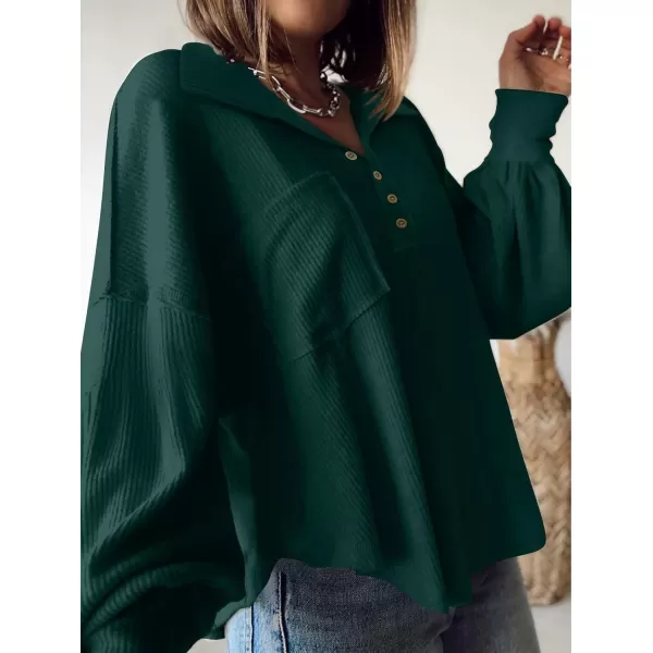 BTFBM Womens Casual V Neck Ribbed Knit Shirts 2024 Fall Pullover Tunic Tops Loose Balloon Long Sleeve Blouses TopTurndown Dark Green