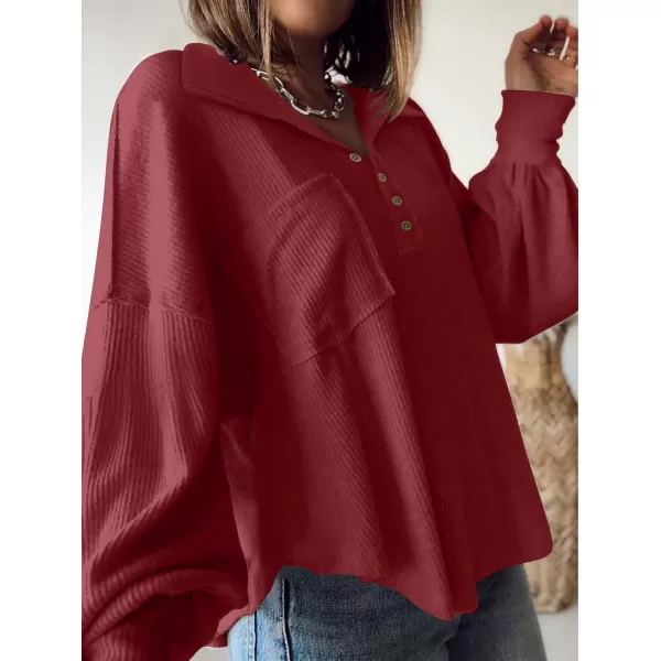 BTFBM Womens Casual V Neck Ribbed Knit Shirts 2024 Fall Pullover Tunic Tops Loose Balloon Long Sleeve Blouses TopTurndown Wine Red