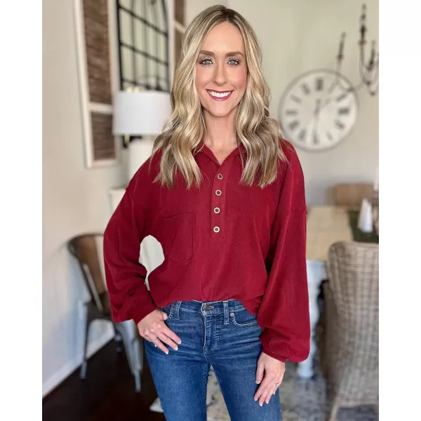 BTFBM Womens Casual V Neck Ribbed Knit Shirts 2024 Fall Pullover Tunic Tops Loose Balloon Long Sleeve Blouses TopTurndown Wine Red