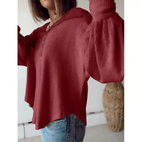 BTFBM Womens Casual V Neck Ribbed Knit Shirts 2024 Fall Pullover Tunic Tops Loose Balloon Long Sleeve Blouses TopTurndown Wine Red