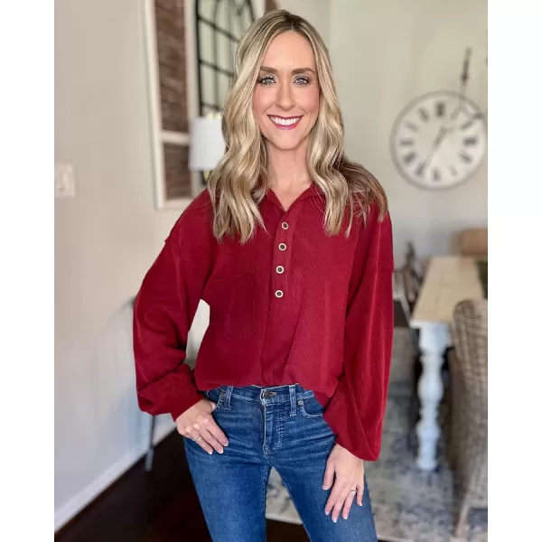 BTFBM Womens Casual V Neck Ribbed Knit Shirts 2024 Fall Pullover Tunic Tops Loose Balloon Long Sleeve Blouses TopTurndown Wine Red
