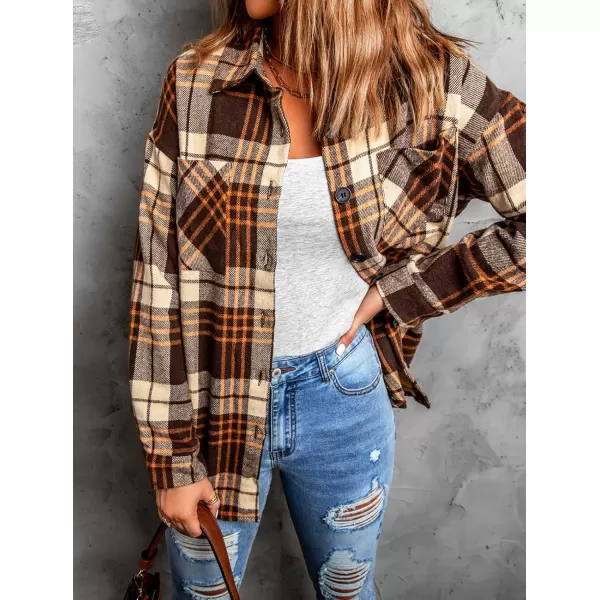 BTFBM Womens Long Sleeve Button Down Jackets Plaid Flannel Shirts Tops Casual Lapel V Neck Oversized Shackets Blouses TopPlaid Print Khaki
