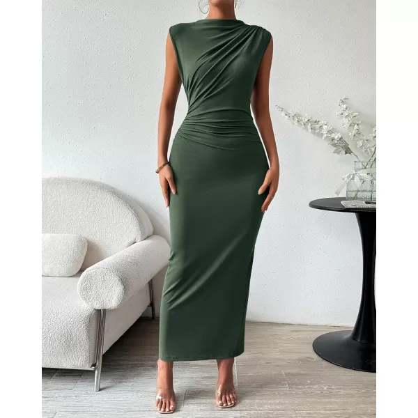 BTFBM Womens Ruched Bodycon Dress Summer Casual Sleeveless Back Slit Elegant Club Evening Party Cocktail Maxi DressesSolid Army Green