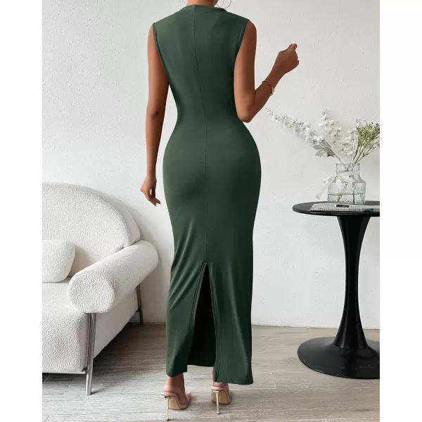 BTFBM Womens Ruched Bodycon Dress Summer Casual Sleeveless Back Slit Elegant Club Evening Party Cocktail Maxi DressesSolid Army Green