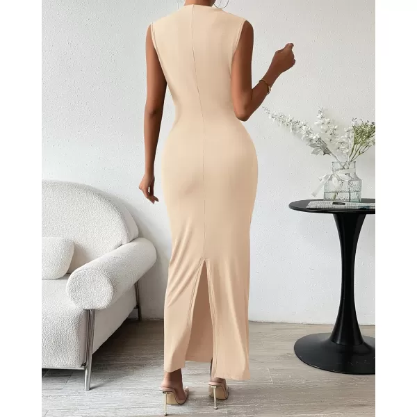 BTFBM Womens Ruched Bodycon Dress Summer Casual Sleeveless Back Slit Elegant Club Evening Party Cocktail Maxi DressesSolid Beige
