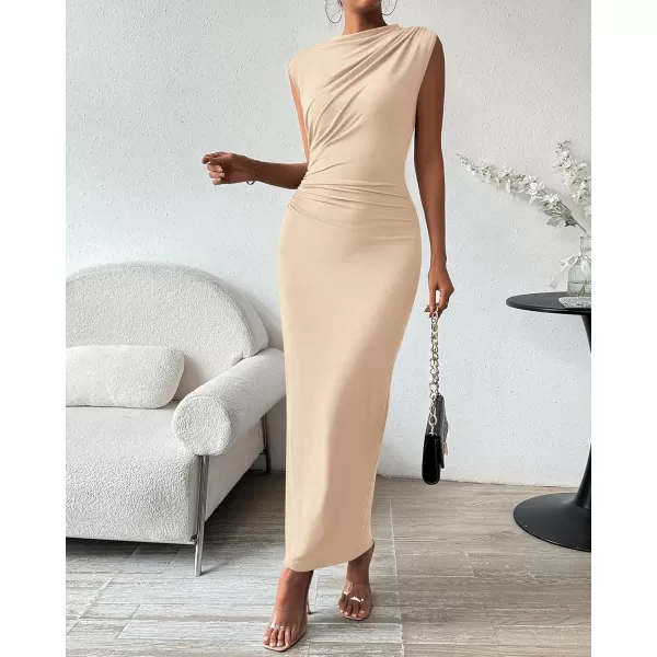 BTFBM Womens Ruched Bodycon Dress Summer Casual Sleeveless Back Slit Elegant Club Evening Party Cocktail Maxi DressesSolid Beige
